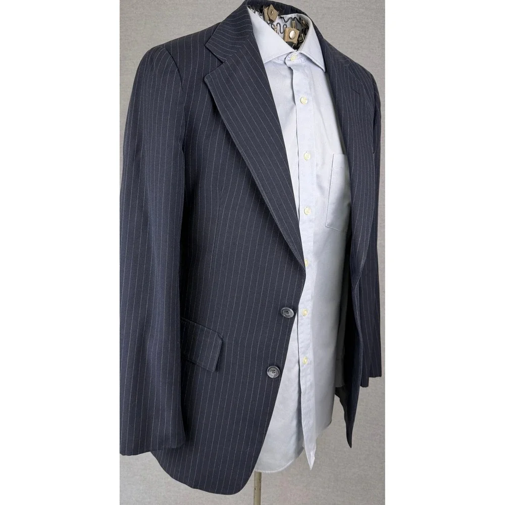 Vintage Bespoke Mens Navy Blue Pinstripe Two Button Blazer Jacket 50s Wide lapel
